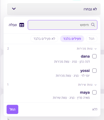 חלון בחירת המשתמשים לתותח אישי
